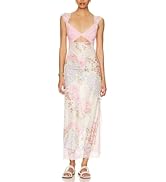 GRMLRPT Women Sexy Lace Patchwork Mesh Maxi Dress Floral Print Cutout Sweetheart Neck Backless Sl...