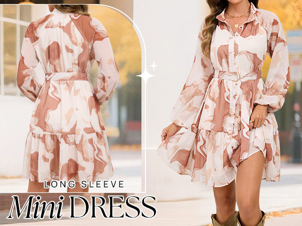 ZESICA Womens Fall Floral Mini Dress 2025 Long Sleeve Button