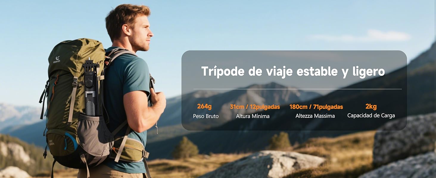 Hombre con una gran mochila verde de senderismo en un paisaje montañoso. El texto superpuesto describe un trípode de viaje ligero y estable con especificaciones de peso, altura y capacidad de carga