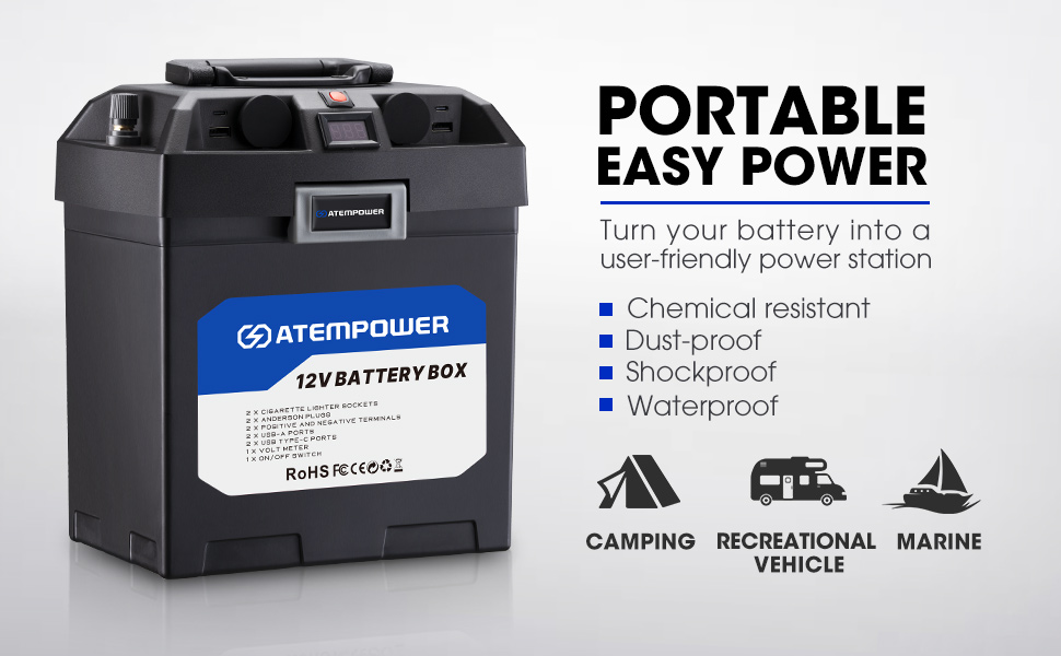 ATEM POWER 12V Portable Battery Box Deep Cycle Power Center with USB