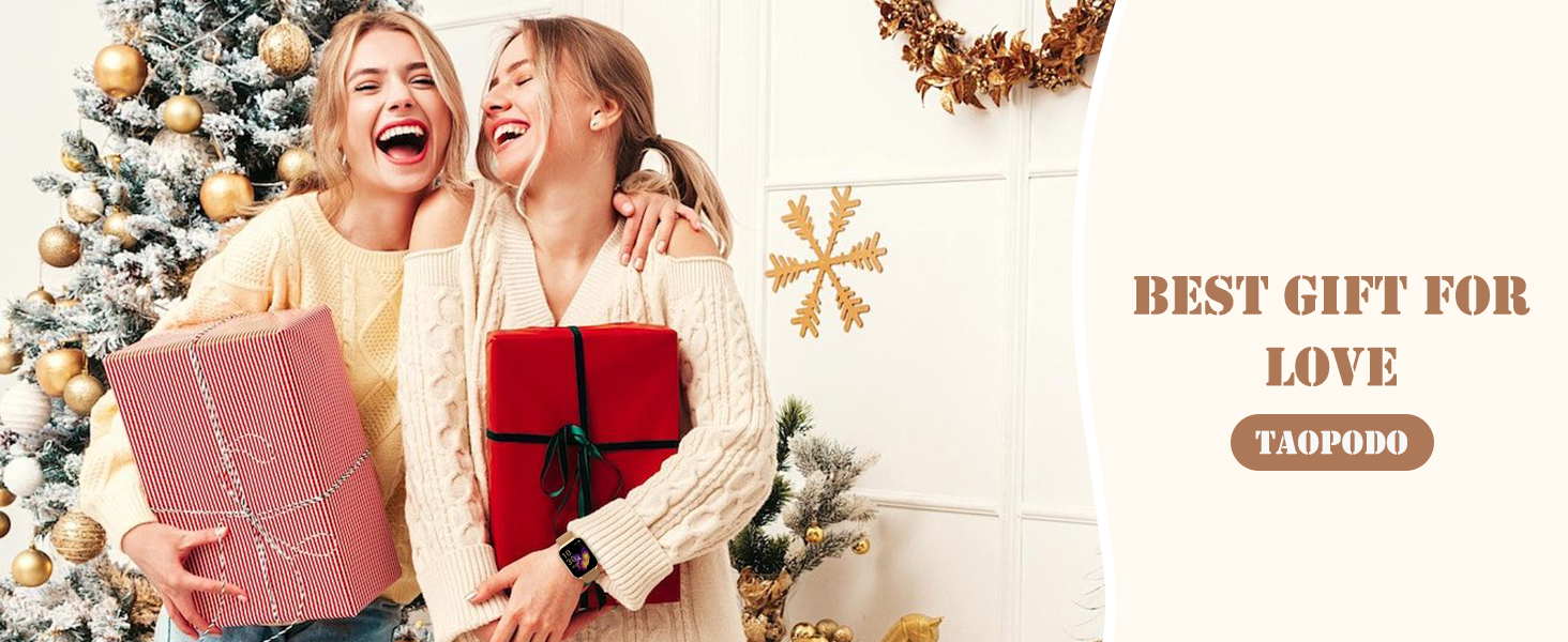 Two gift boxes, one striped red and white, one solid red, held by people in cream sweaters. Christmas tree with gold ornaments visible. Text reads 'BEST GIFT FOR LOVE'.