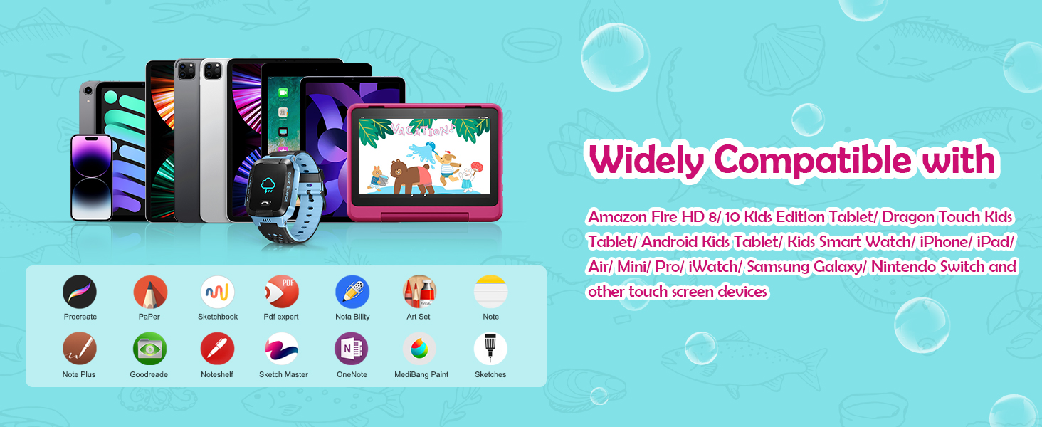 Device compatibility chart showing icons for various electronics and operating systems, with a list of supported devices and platforms.