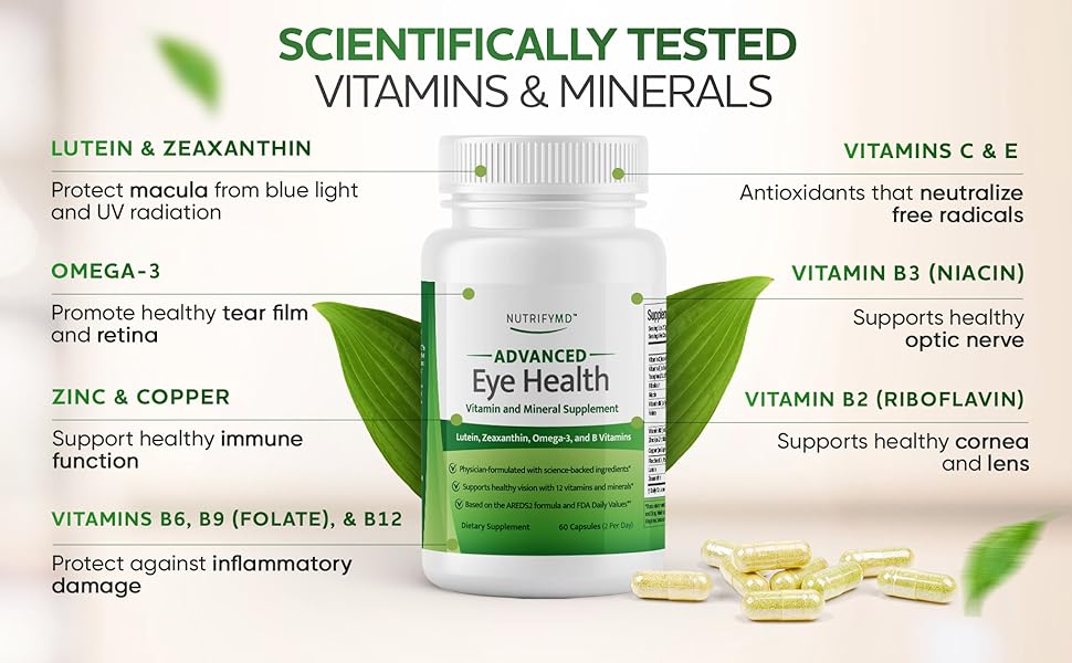 NutrifyMD Advanced Eye Health bottle and capsules on counter with list of vitamins and minerals