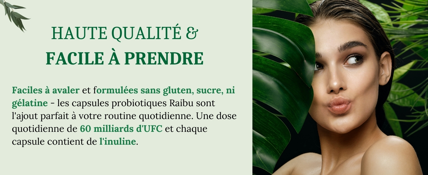 Publicité de produits de beauté en français. Le texte surligne « Haute qualité et facile à emporter ». Fond vert avec feuilles de plantes et face partielle visible.