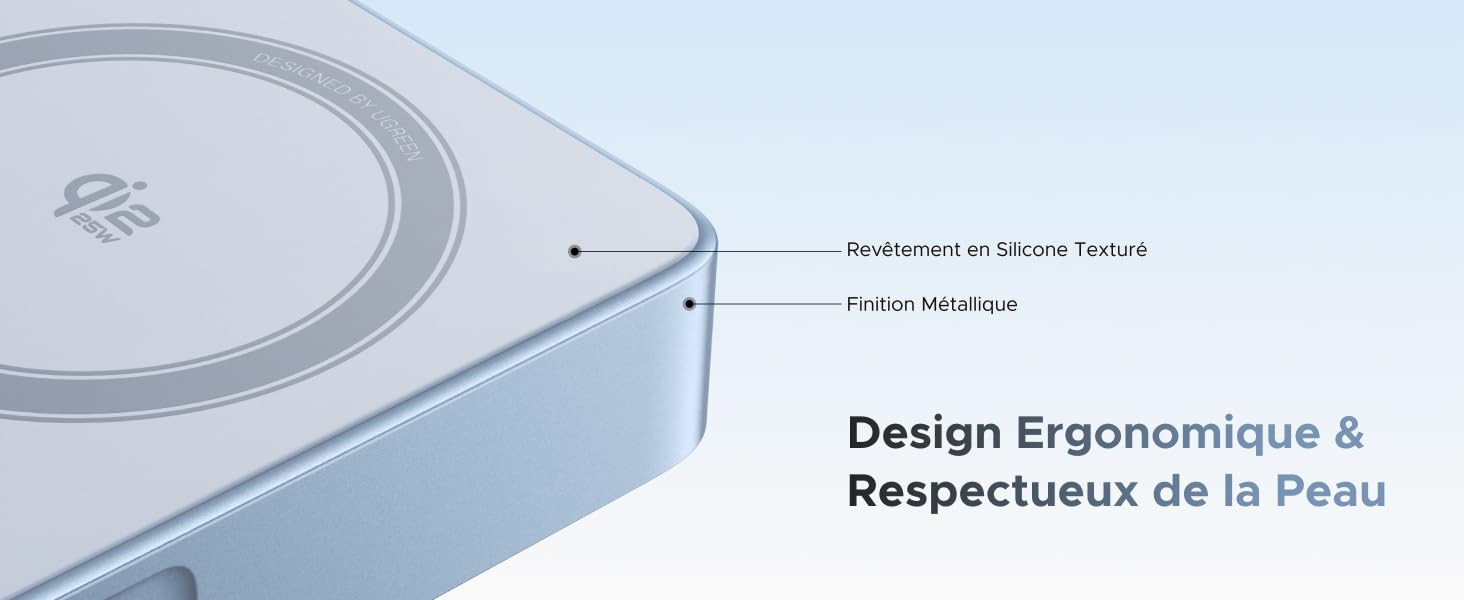 Le texte indique « Design Ergonomique & Respectueux de la Peau ». Schéma technique du produit montrant des éléments de design incurvés.