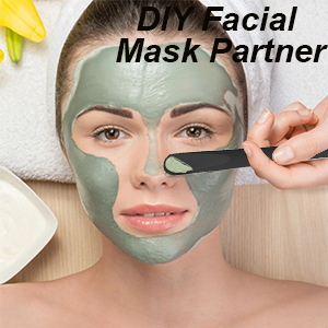 A silicone applicator tool being used to apply a green clay facial mask. 'DIY Facial Mask Partner' text visible at top.