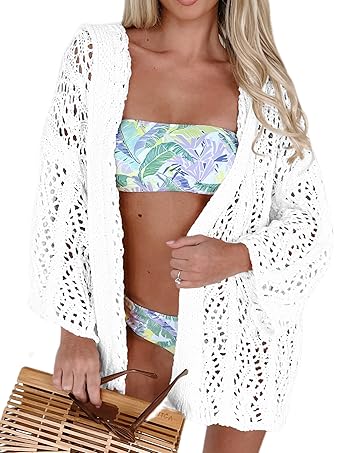 Yingkis Women's Lightweight Crochet Cardigan Sweaters Long