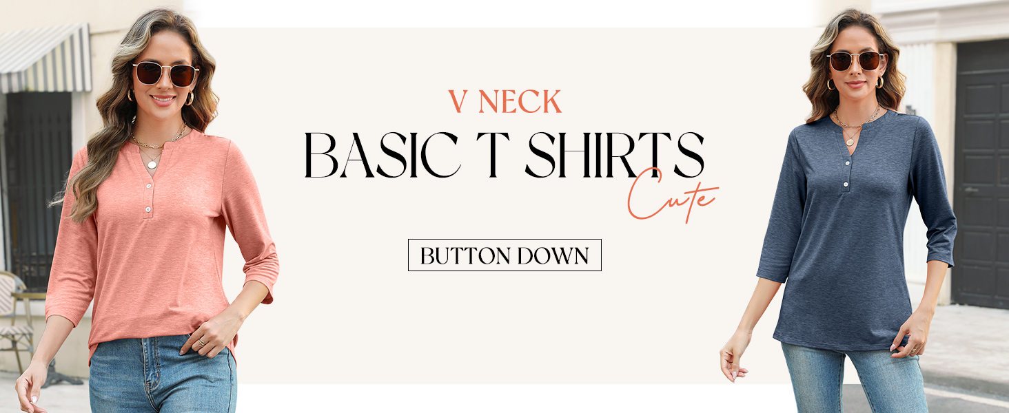 Women's V Neck 3/4 Sleeve Tops Button Down Casual T Shirts
