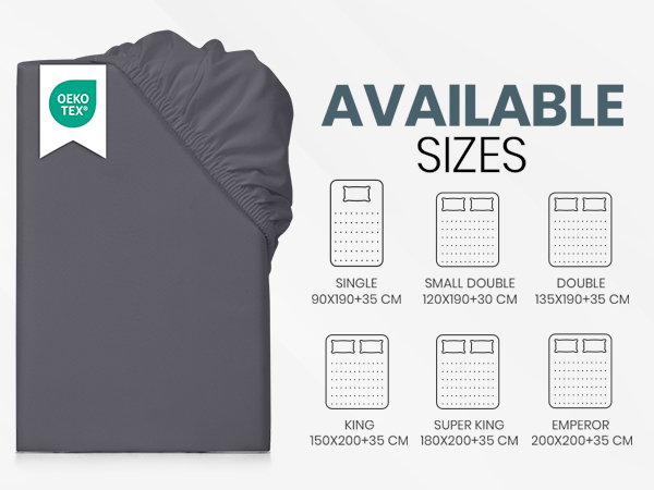 Dark gray fitted sheet with elastic edges. Size chart shows available sizes from Single to Emperor. OEKO-TEX certification label visible.