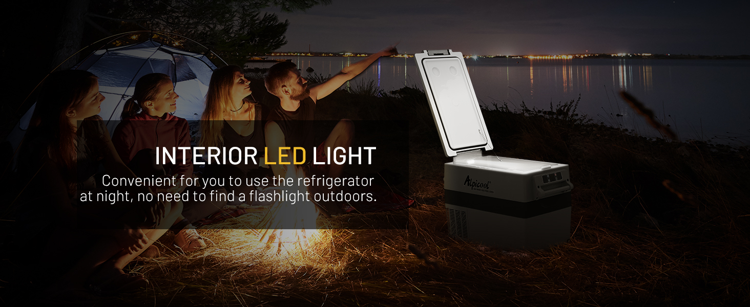 Portable LED light box illuminating outdoor camping scene at night. Text overlay reads 'INTERIOR LED LIGHT'.