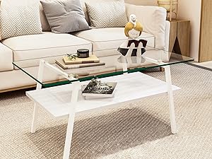 モダン長方形コーヒーテーブル 強化ガラス天板+MDF収納棚 リビング用 クリ モダン長方形コーヒーテーブル 強化ガラス天板+MDF収納棚