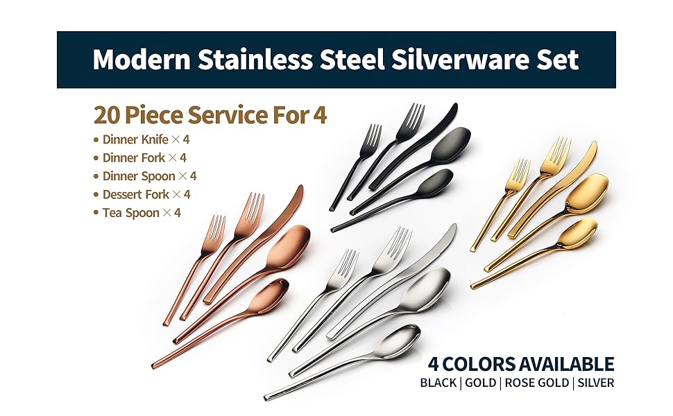 Lemeya 20Piece Unique Black Silverware Set,Stainless