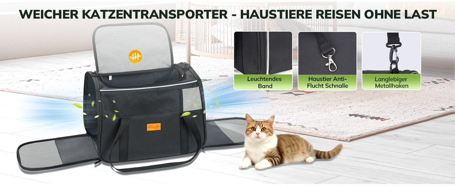 Tragetasche für Haustiere mit weichen Seiten, Netzeinsätzen und dehnbaren Seiten. Zur Ausstattung gehören eine Sicherheitsschnalle, ein stabiler Griff und ein Schultergurt. Eine Katze liegt neben dem Träger.