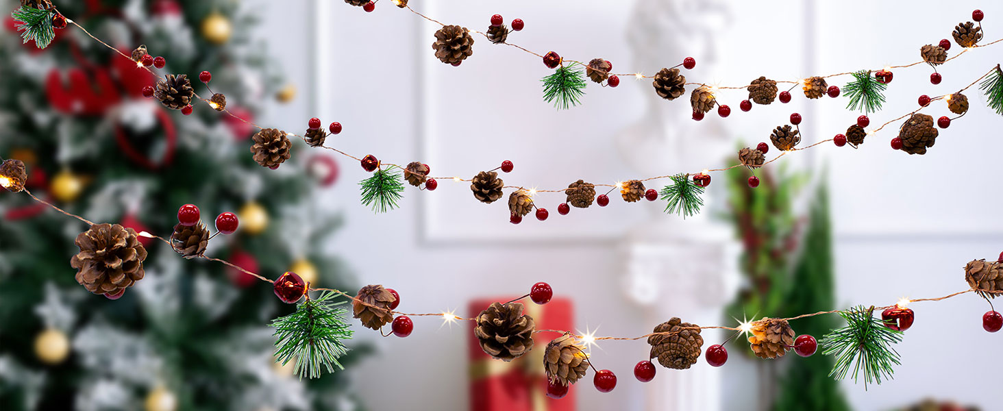 Christmas Garland with Lights, 6.6FT Pinecones Christmas String Lights