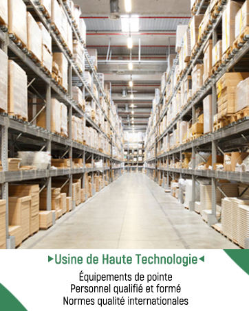 Le texte indique « Usine de Haute Technologie » et « Personnel qualifié et formé ». Intérieur d'entrepôt moderne avec de hautes étagères et un éclairage lumineux.