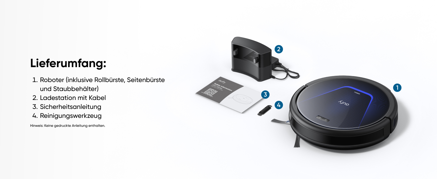 Roboter-Staubsaugers zeigt die runde Vakuumeinheit mit blauen Akzenten, die Ladestation und weiteres Zubehör auf weißem Hintergrund