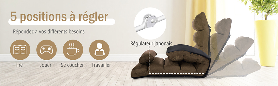 RELAX4LIFE Méridienne En Daim Réglable En 5 Positions 90°-180°et Oreiller, Chauffeuse 1 Place Convertible Rembourrée, Fauteuil Relaxant Au Sol Pour Bureau, Salon,Chambre, 175x55x20CM (Brun) 14 2