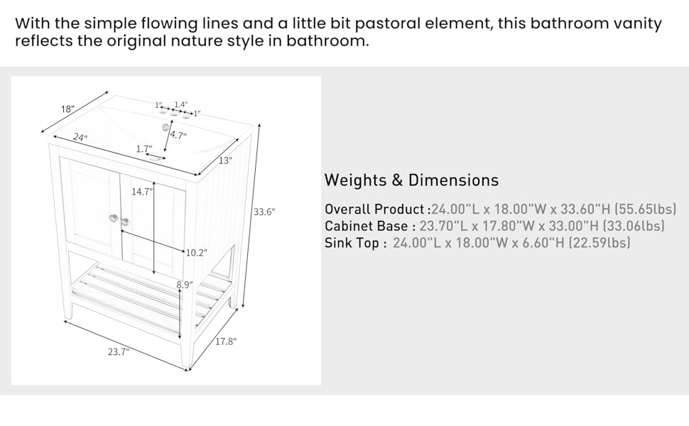 Knocbel Modern Bathroom Vanity with Sink, 24" Freestanding Storage with