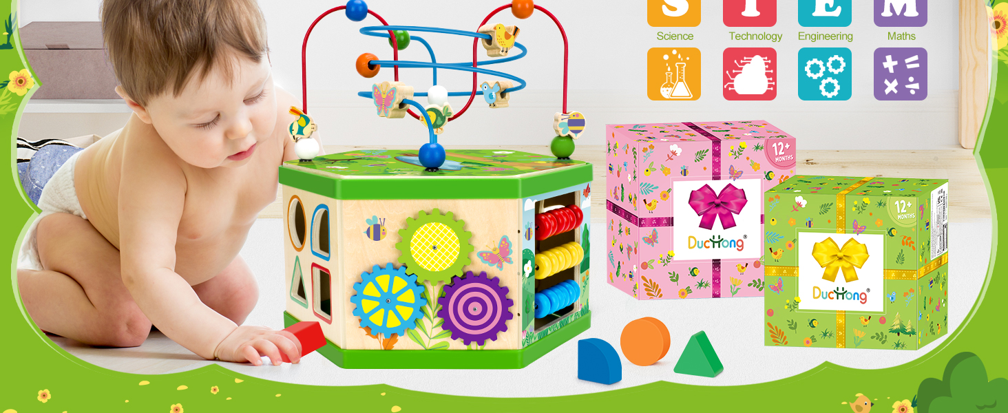 Wooden Activity Cube for 1218 Month, 1 Year old Boys