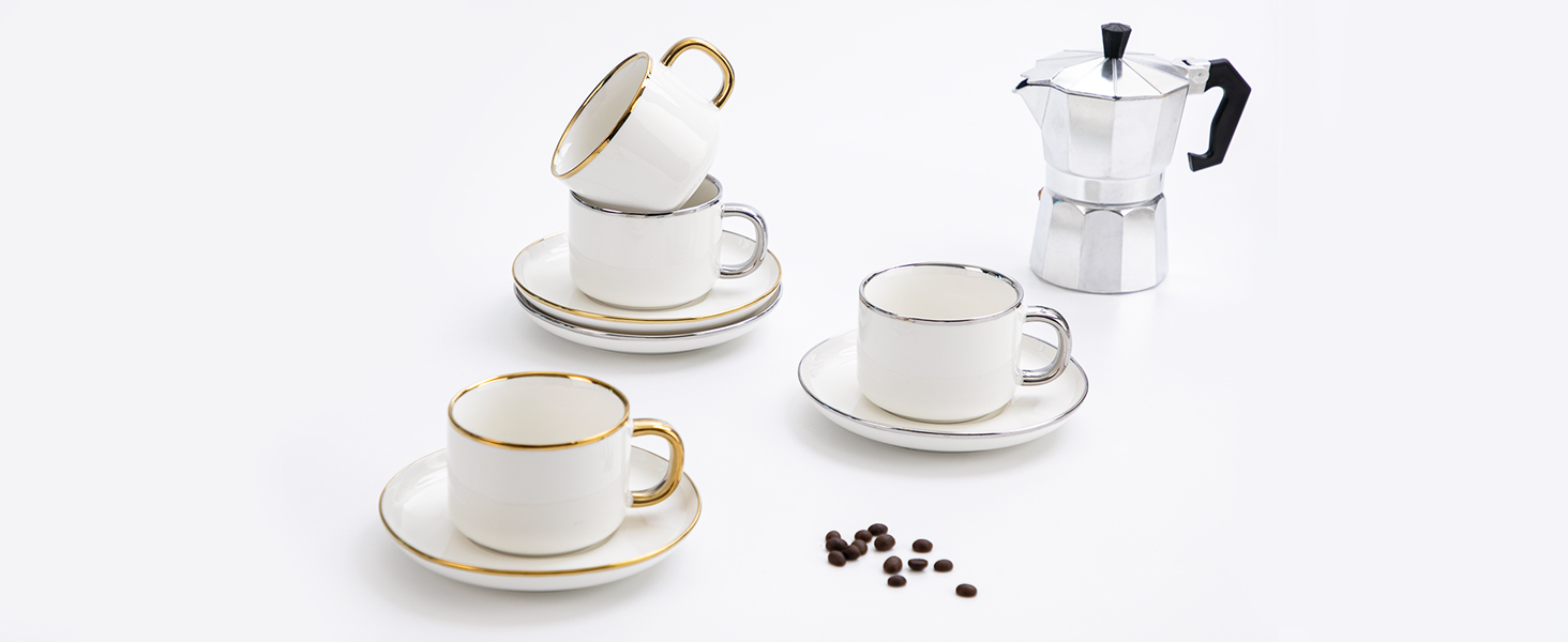 Agyiuns Tea Cups and Saucers with Gold Trim, 6.76 Ounce