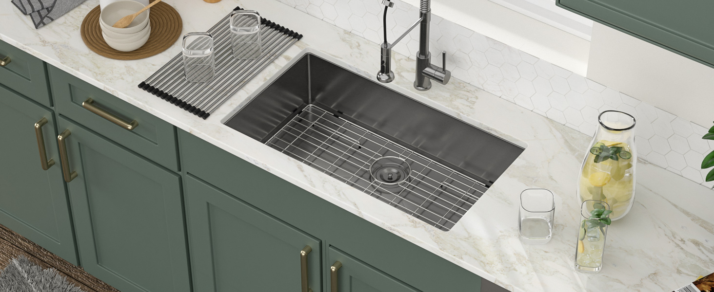 Fregadero de cocina bajo encimera negro de 33"