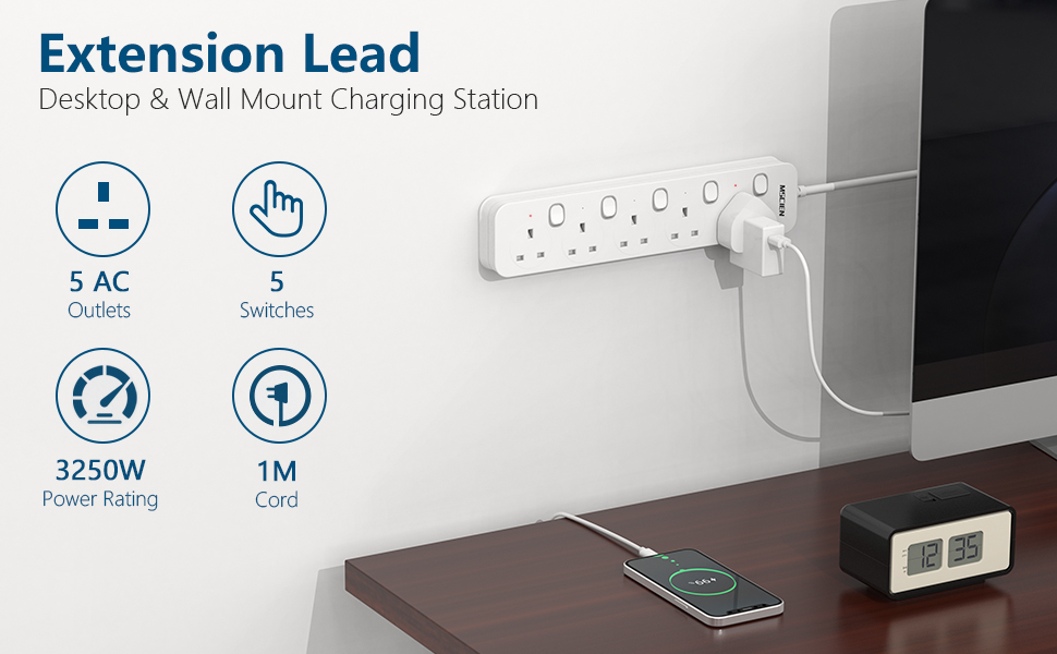 Mscien Extension Lead 5 Way Plug Sockets with Individual Switches