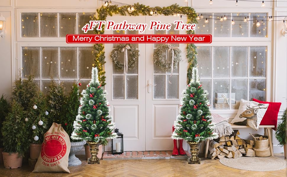 Text reads: 'Merry Christmas and Happy New Year', 'Apple Pathways Pine Tree'. Multiple decorated Christmas trees in a bright interior space with window displays and holiday decorations.