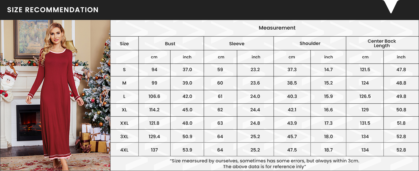 full length nightgown size chart