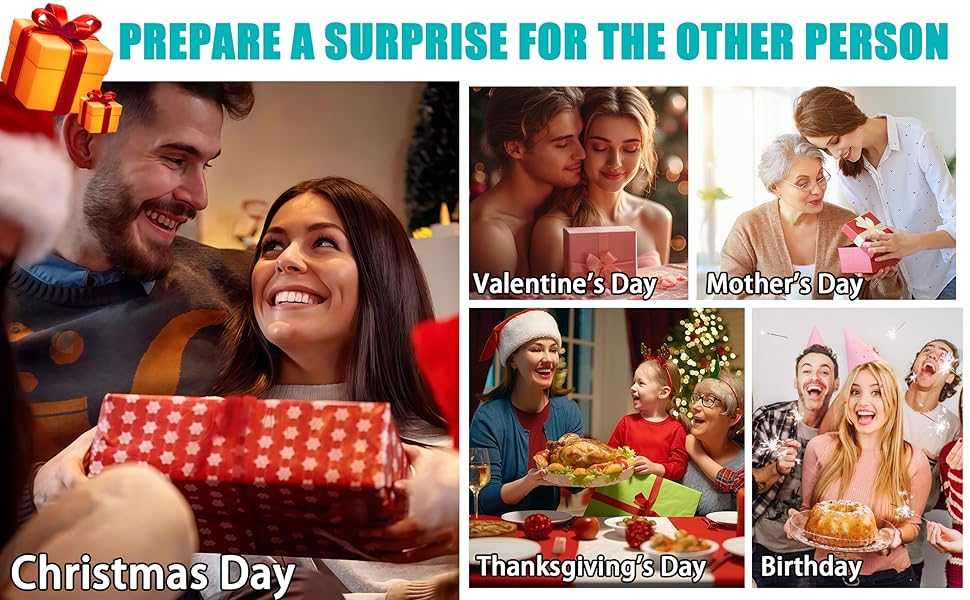 Text reads 'PREPARE A SURPRISE FOR THE OTHER PERSON' followed by a series of lifestyle photos showing people in various celebratory moments and gift-giving scenarios.