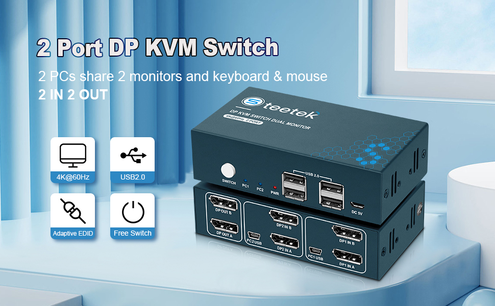 Steetek KVM Switch Dual Monitor Displayport, 4K60Hz 4 USB2.0 KVM Switch Displayport, Dual