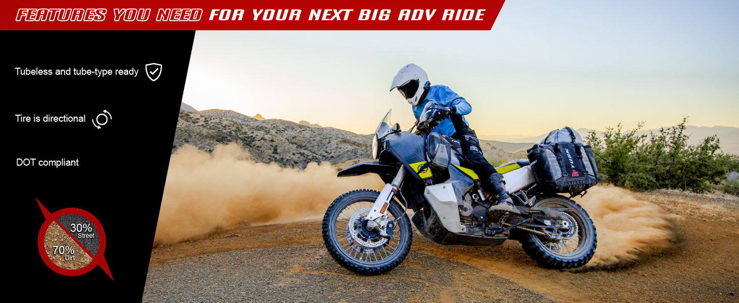 Adventure riders on dual-sport bikes with 70/30 dirt-street tires, tubeless and DOT compliant