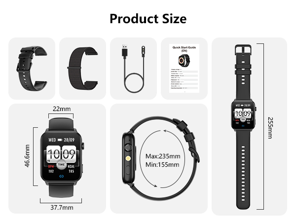 Technical product size specifications showing multiple views and measurements of what appears to be a smartwatch or similar device with dimensions labeled.
