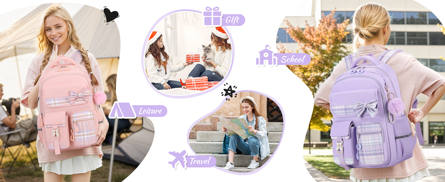 Image composite présentant des sacs à dos pastel. À gauche : sac à dos rose avec plusieurs poches. Centre : Étudiants utilisant des sacs à dos. À droite : sac à dos lavande porté par une personne à l'extérieur. Les sacs à dos comportent des compartiments et des éléments décoratifs