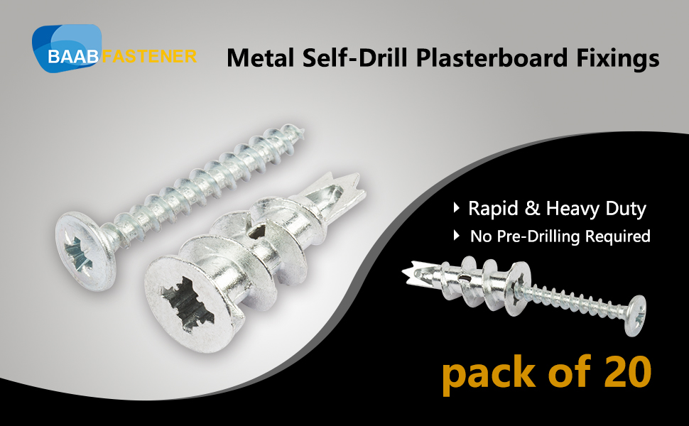 BAAB FASTENER 20 Pack Plasterboard Fixings Heavy Duty Plasterboard