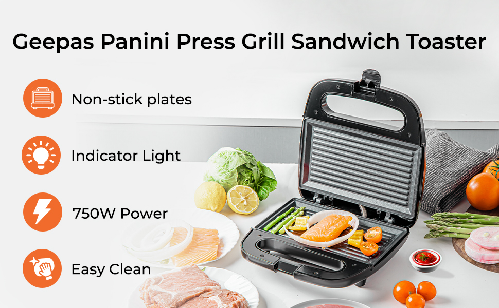 Geepas Panini Sandwich Press, 750W 2 Slice Sandwich Toaster Maker Non