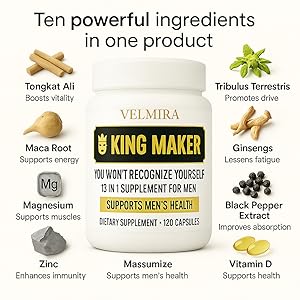 Velmira King Maker supplement bottle with 10 natural like Tongkat Ali, Maca, Ginseng, and Zinc.
