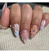 IMRAIN Beach Press on Nails Medium Almond Fake Nails with 3D Starfish Flower Designs Gel Handmade...