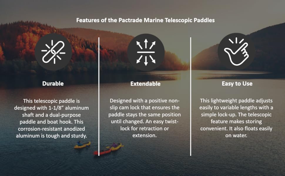 Pactrade Marine, Kayak Paddle, Telescopic, Black Blade, Boat Hook, Anodized Aluminum