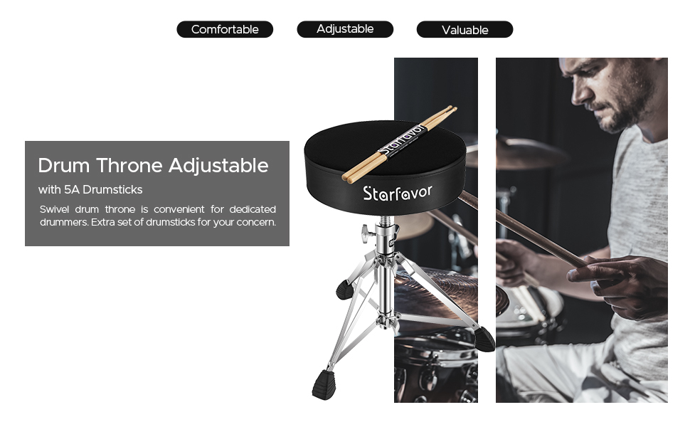 Starfavor Drum Throne Height Adjustable Padded Seat Drum Stool, with 5A