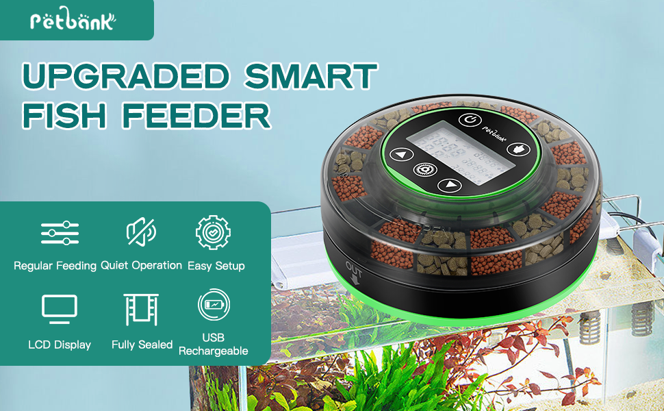 Petbank Automatic Fish Feeder for Aquarium Auto Fish Food Dispenser Rechargeable for Fish Tank