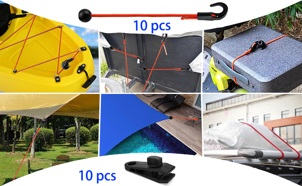 10Pack Ball Bungee Cords with Adjustable Hooks & Tarp Clips Clamp Tie