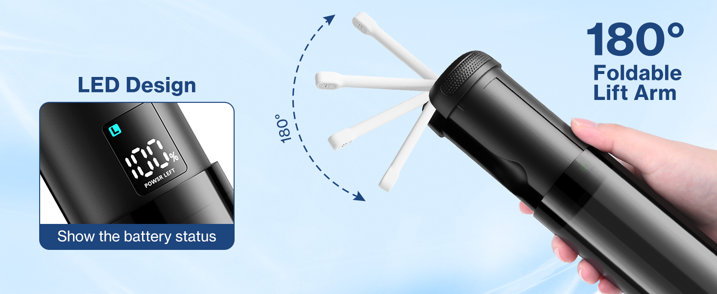 Text reads 'LED Design', '180°', 'Show the battery status', 'Foldable Lift Arm'. Product diagrams showing adjustable black device with LED indicator and rotating arm feature.