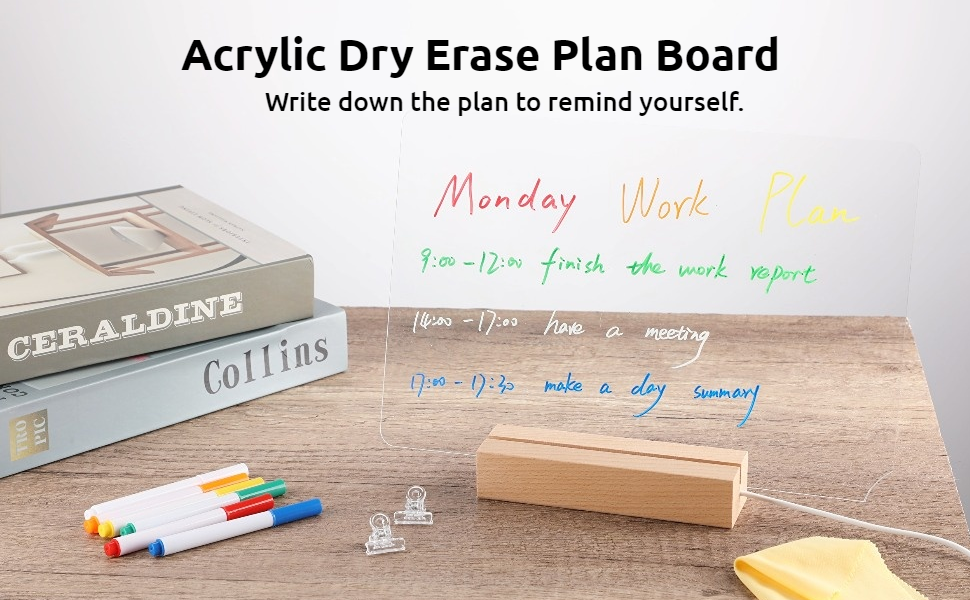 Acrylic Dry Erase Board with Light, 11.8”x7.9” Glow