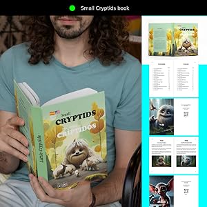 Person reading "Small Cryptids Cryptidos" book with colorful creature illustrations.