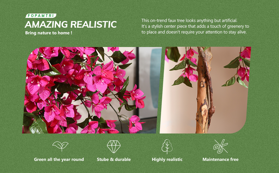 Fopamtri Artificial Plants Bougainvillea Tree 120cm Artificial Blossom Tree, Fake Plants in Pot