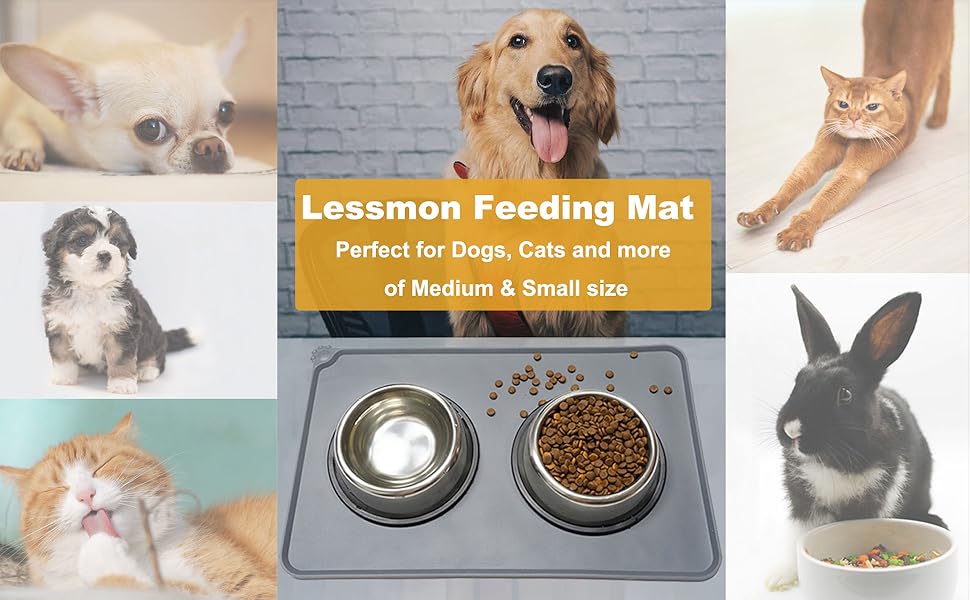 Lessmon Dog Cat Feeding Mat, Silicone Waterproof Pet Food Mat, Gray