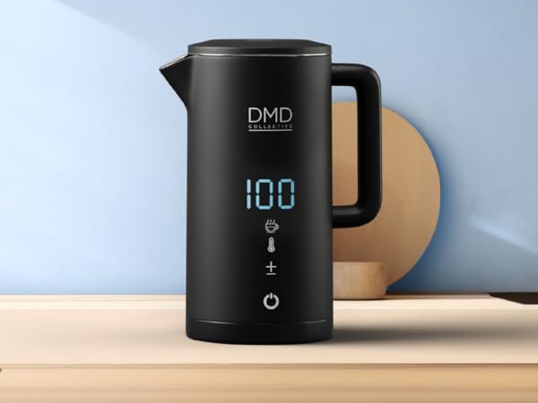 Matte black electric kettle with digital LED display showing '180', featuring temperature control buttons and sleek modern design.