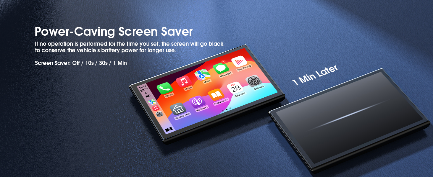 Foldable smartphone with colorful app icons on screen, shown partially unfolded next to a fully closed device. Text indicates power-saving screen saver feature.