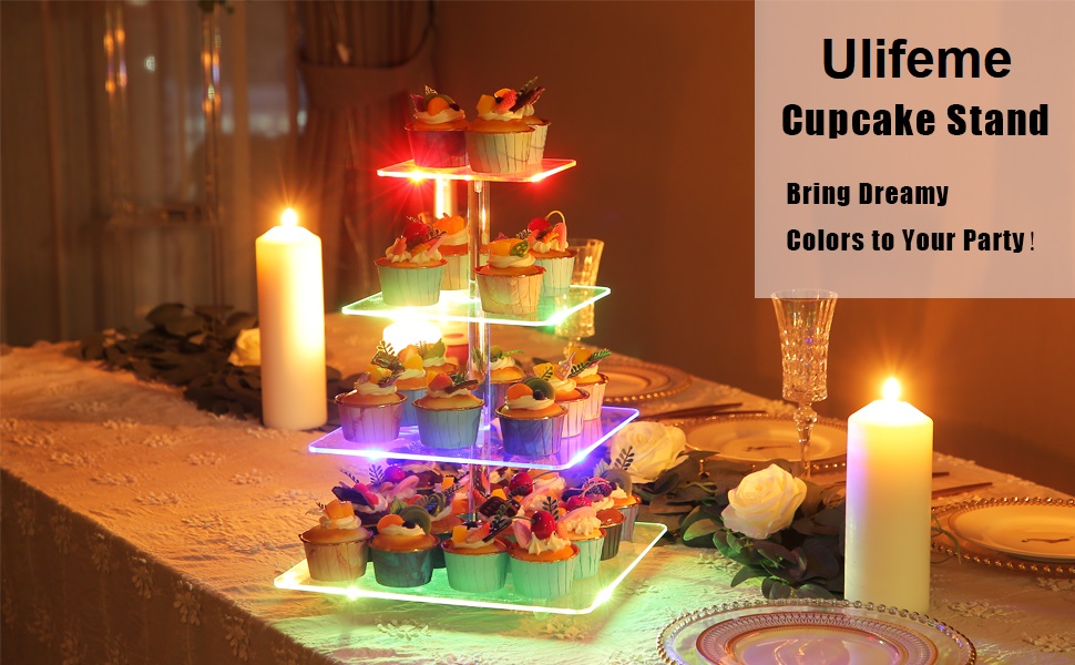 4 Tiers LED Acrylic Cupcake Stand, Ulifeme Rechargeable LED Light