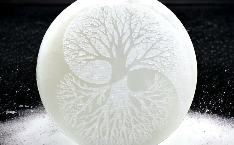 Selenit Ladeplatte Energieplatte Yin Yang Baum des Lebens groß Ladestein Heilstein Edelstein